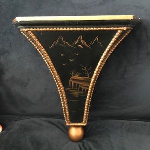 Vintage Black Lacquer Hand Painted Shelf